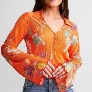 Willow Root Orange Pleated Floral Cropped Bell Sleeve Top Size Small